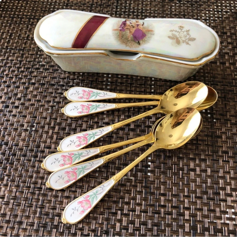 Gold and Floral Spoons with Decorative Box